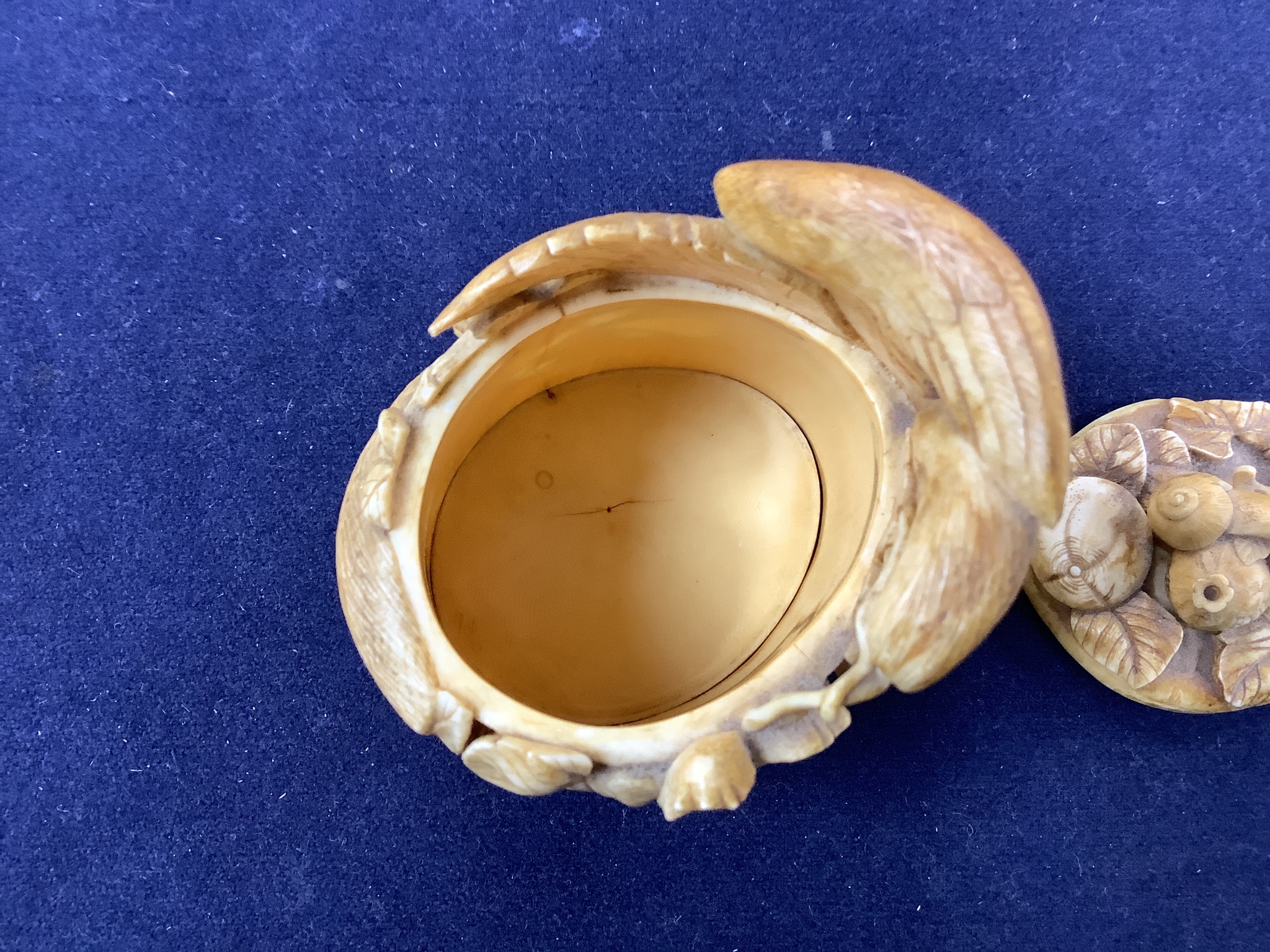A Japanese ivory box carved with an eagle, frog and squirrels, Meijii period